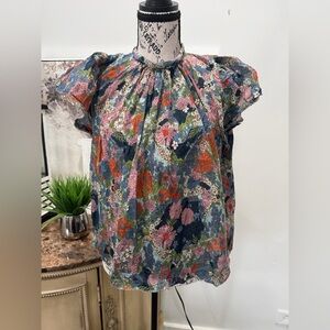 Trovata Navy Multi Floral Flutter-Sleeve Blouse